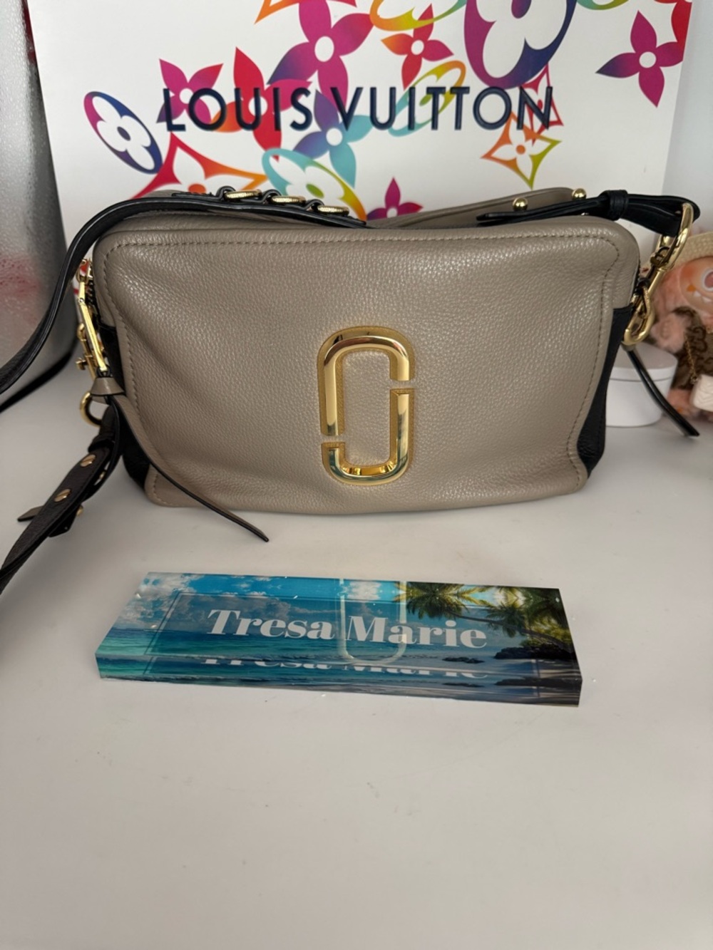 SOLD- Marc Jacobs The Snapshot Camera Bag in Taupe/Black-s